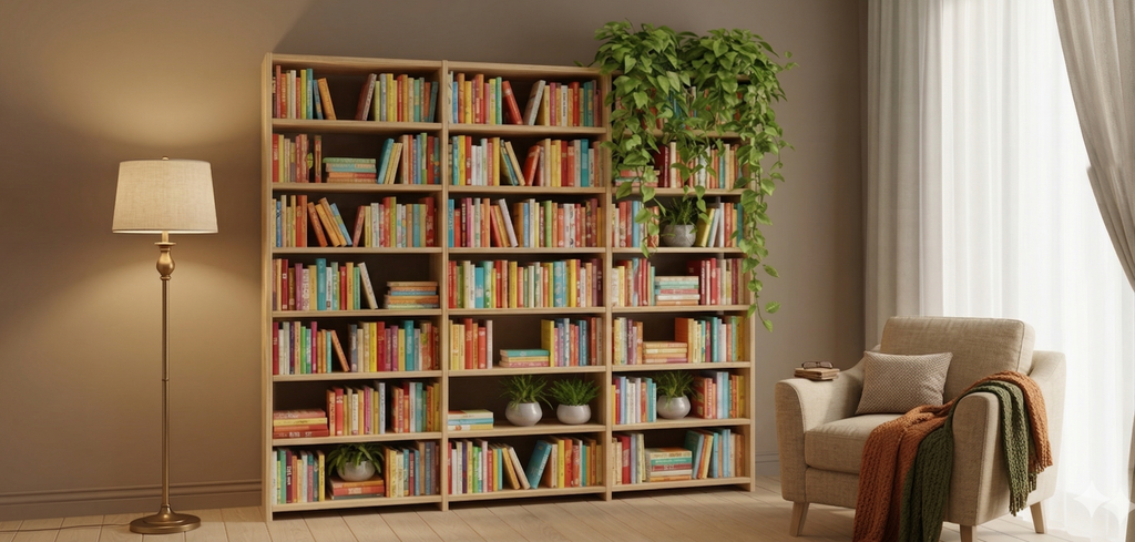 Fitted Bookcases, 284.5cm wide, 248cm tall, 24cm deep, 3 bays