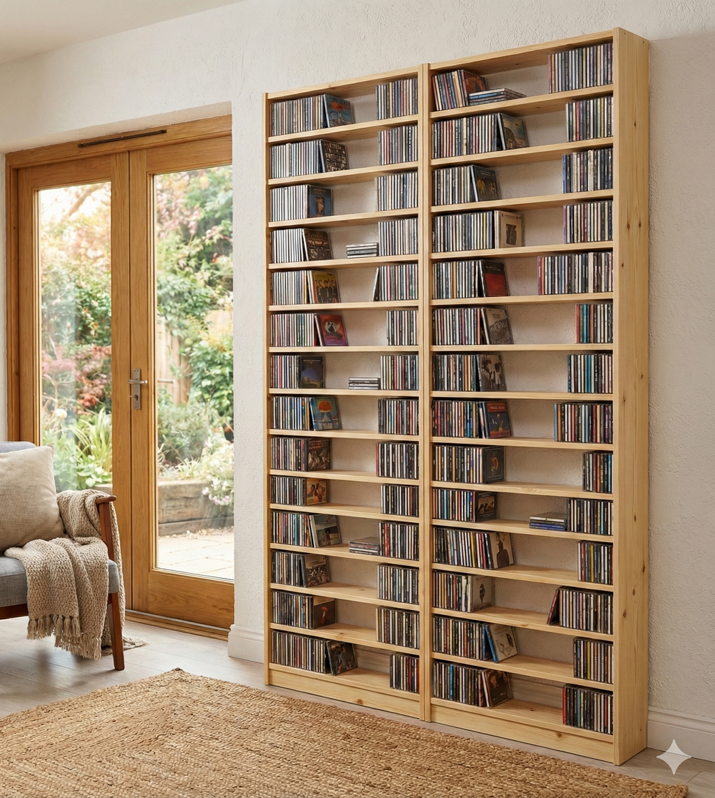 CD Storage Shelving in Solid Wood, 164cm wide, 218cm tall & Customisable