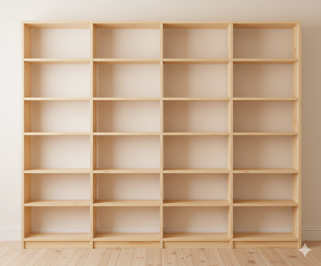 Wooden Bookcase, 218cm tall, 285.5cm wide, 18 cm Deep, 4 Bays, Customisable and Modular