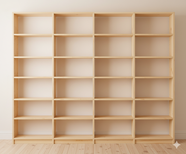 Wooden Bookcase, 218cm tall, 285.5cm wide, 18 cm Deep, 4 Bays, Customisable and Modular