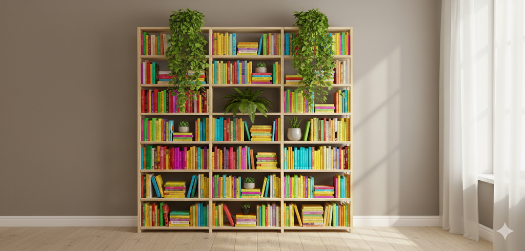 Bookcase in solid wood, 254.5cm wide, 248cm tall, 24cm Deep, 3 Bays, Customisable and Modular solid wood