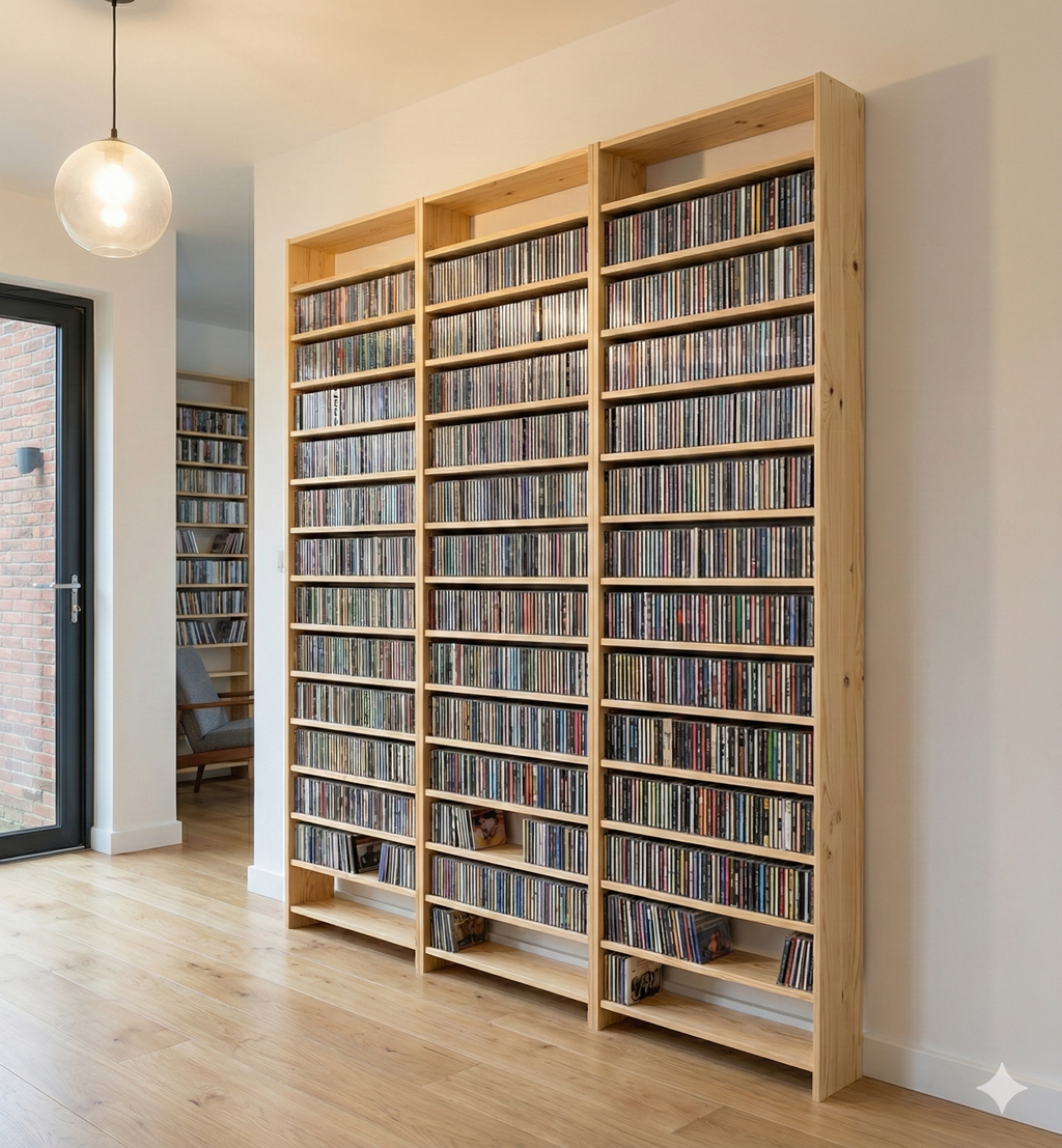 Large CD & DVD Storage Shelving in Solid Wood, 184.5cm wide, 218cm tall & Customisable